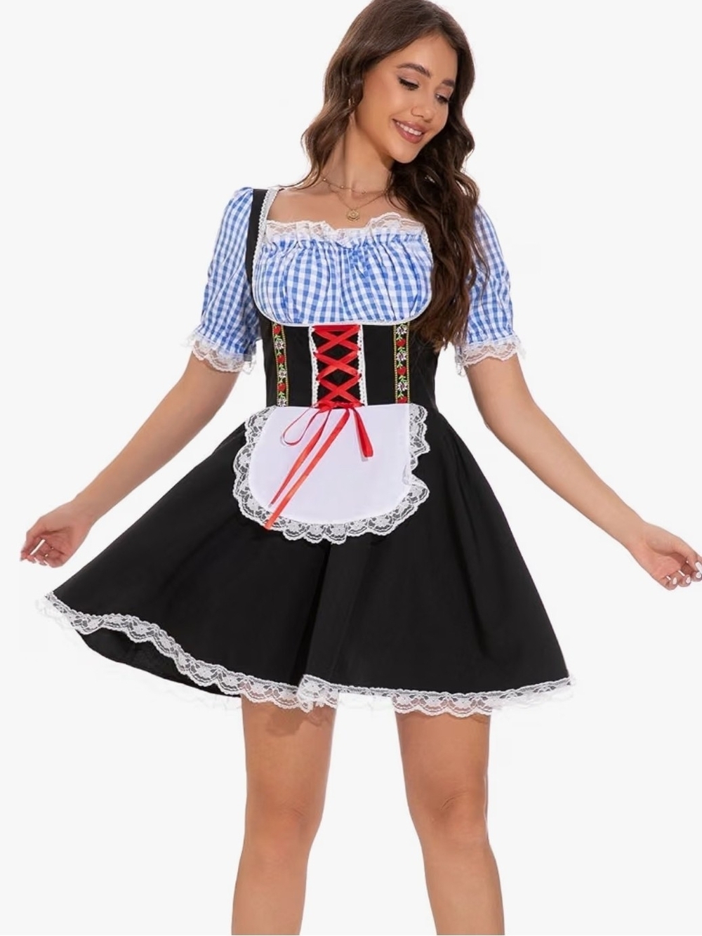 Oktoberfest Outfits Women Lace Trim Plaid Dirndl Dresses Costume
